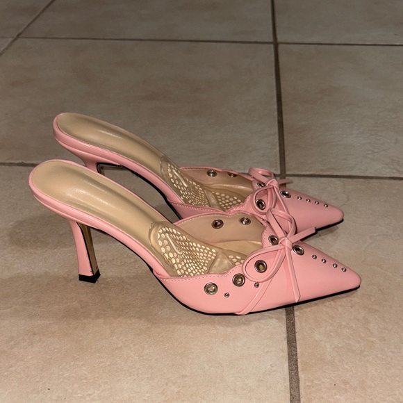 Women’s Pink Pointed-Toe Lace-Up Mule Heels kitten heel - Picture 4 of 6